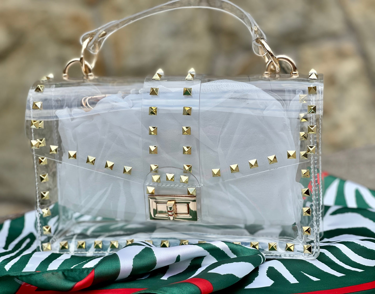 "Nicole" Clear Clutch with Gold Studded Candy Vinyl Shell.